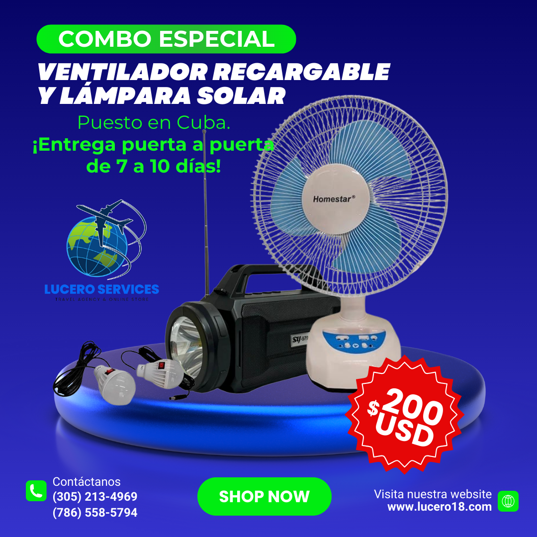 COMBO VENTILADOR RECARGABLE Y LÁMPARA SOLAR